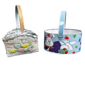 Vintage Easter Basket Lot of 2 Small Wicker Woven Metal Bunny Blue Kmart